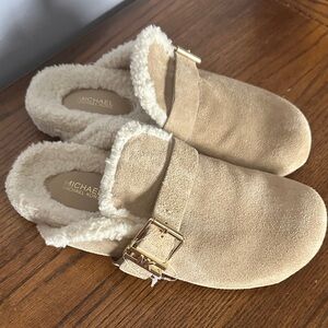 Michael Kors Beige Suede Mules with Gold Accent